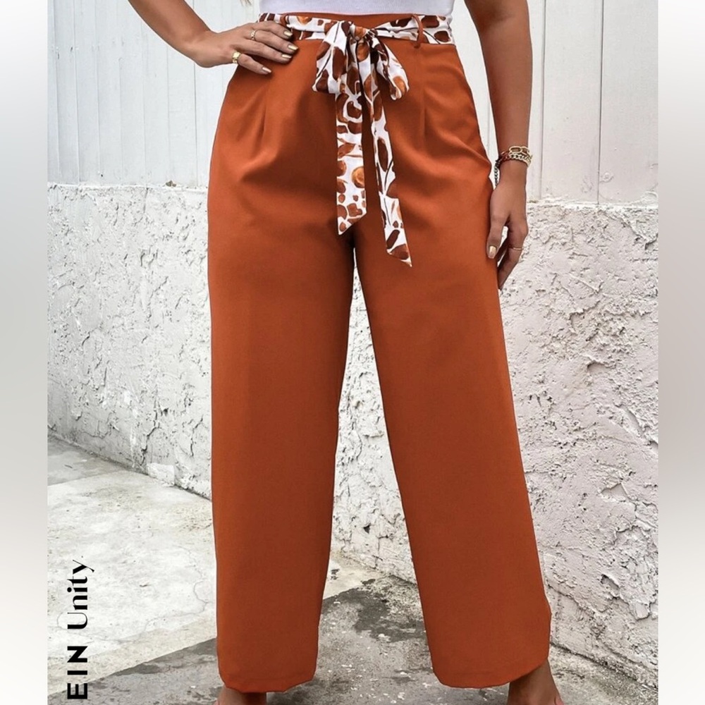 SHEIN Plus Burnt Orange Wide Leg Belted Pants